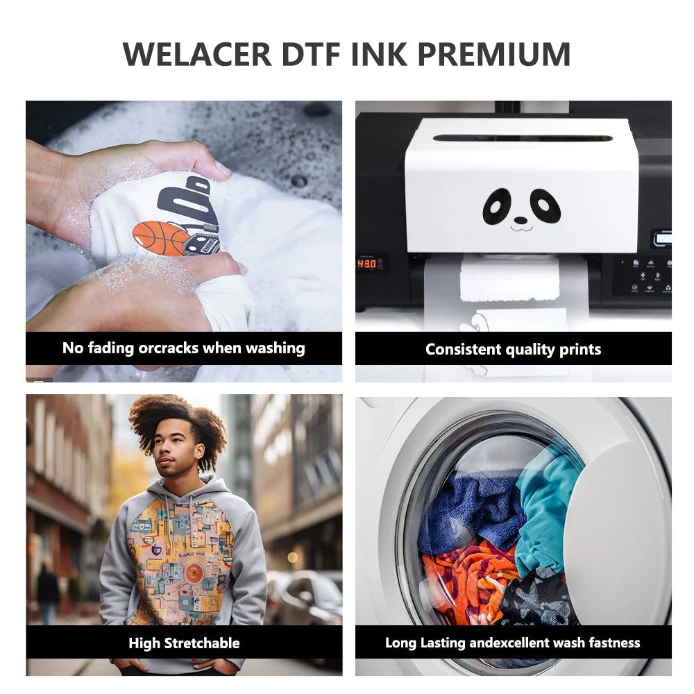 Wash resistance, stretch, and consistent print examples for Procolored White Ink for DTF Printing