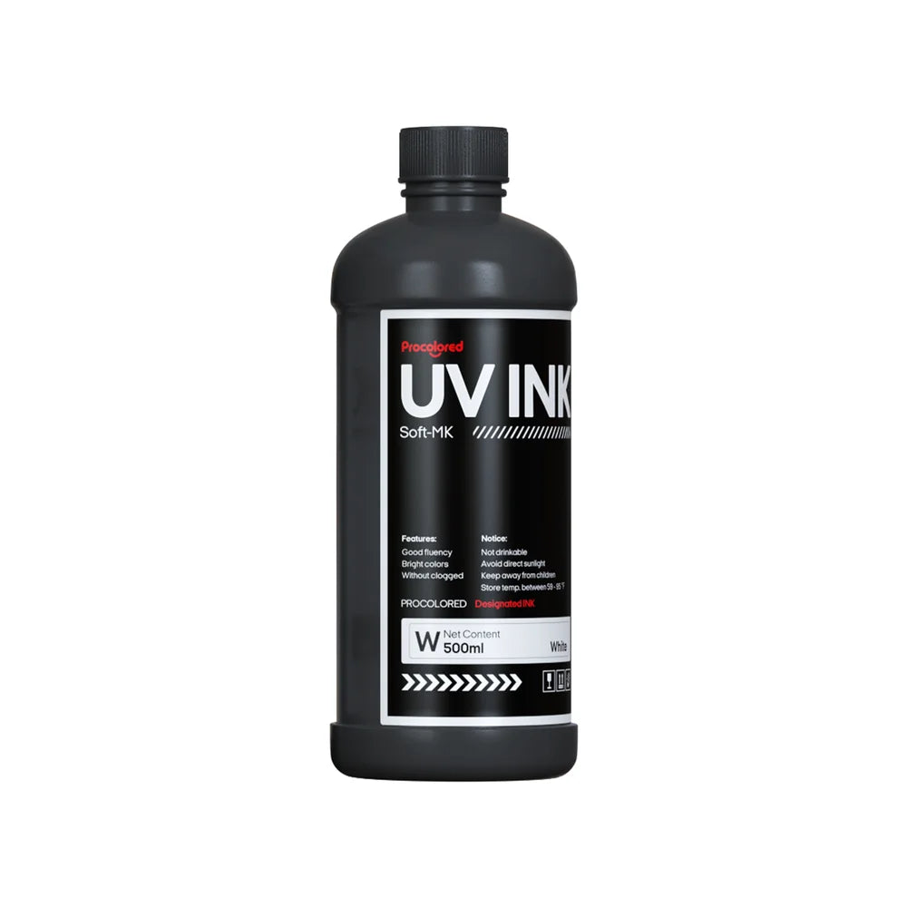 Front bottle view of Procolored 500ml White UV Ink with a Soft-MK label for V4, V6 and V11 printers