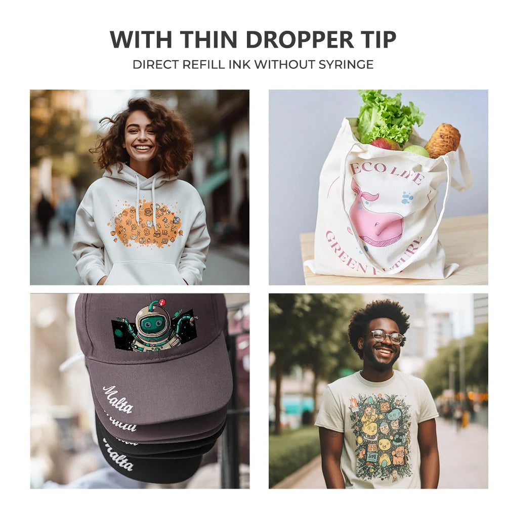 Apparel and accessory print samples made with Procolored White Ink for DTF Printing and direct refill use