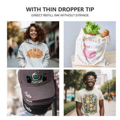 Apparel and accessory print samples made with Procolored White Ink for DTF Printing and direct refill use