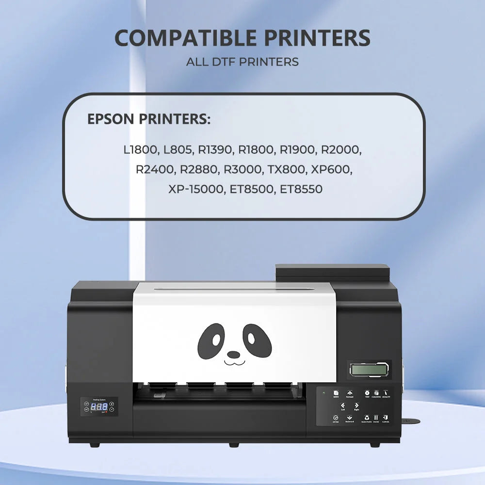 Supported Epson model chart for Procolored White Ink for DTF Printing beside a desktop transfer printer