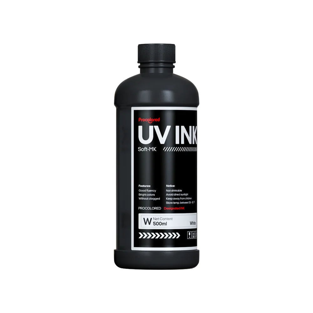 Procolored UV Printer White Ink 500ml Soft-MK bottle for V4, V6 and V11 printers shown from the front