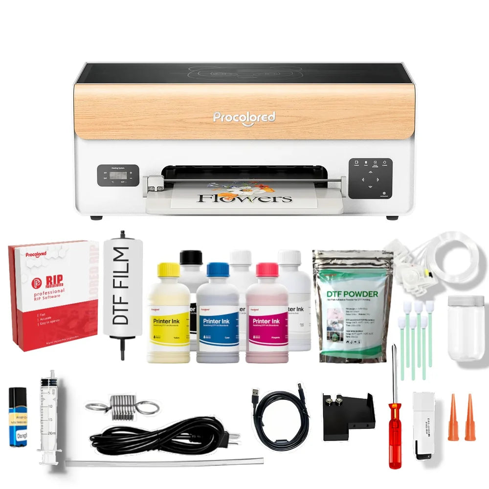 Procolored p13 dtf printer 13 a3 xp600 shown with included ink set, DTF film roll, adhesive powder, RIP software and accessories