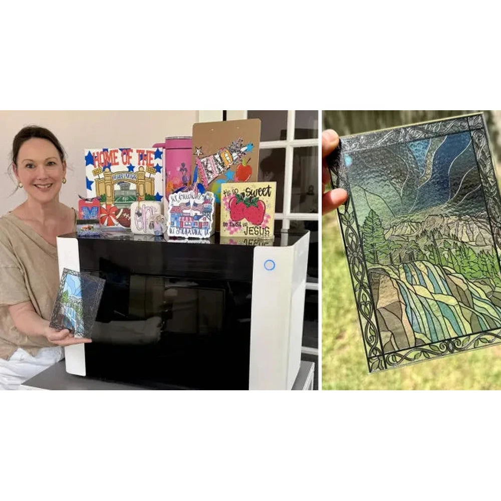 Textured scenic panel and project samples displayed with the xTool O1 Omni UV DTF Printer