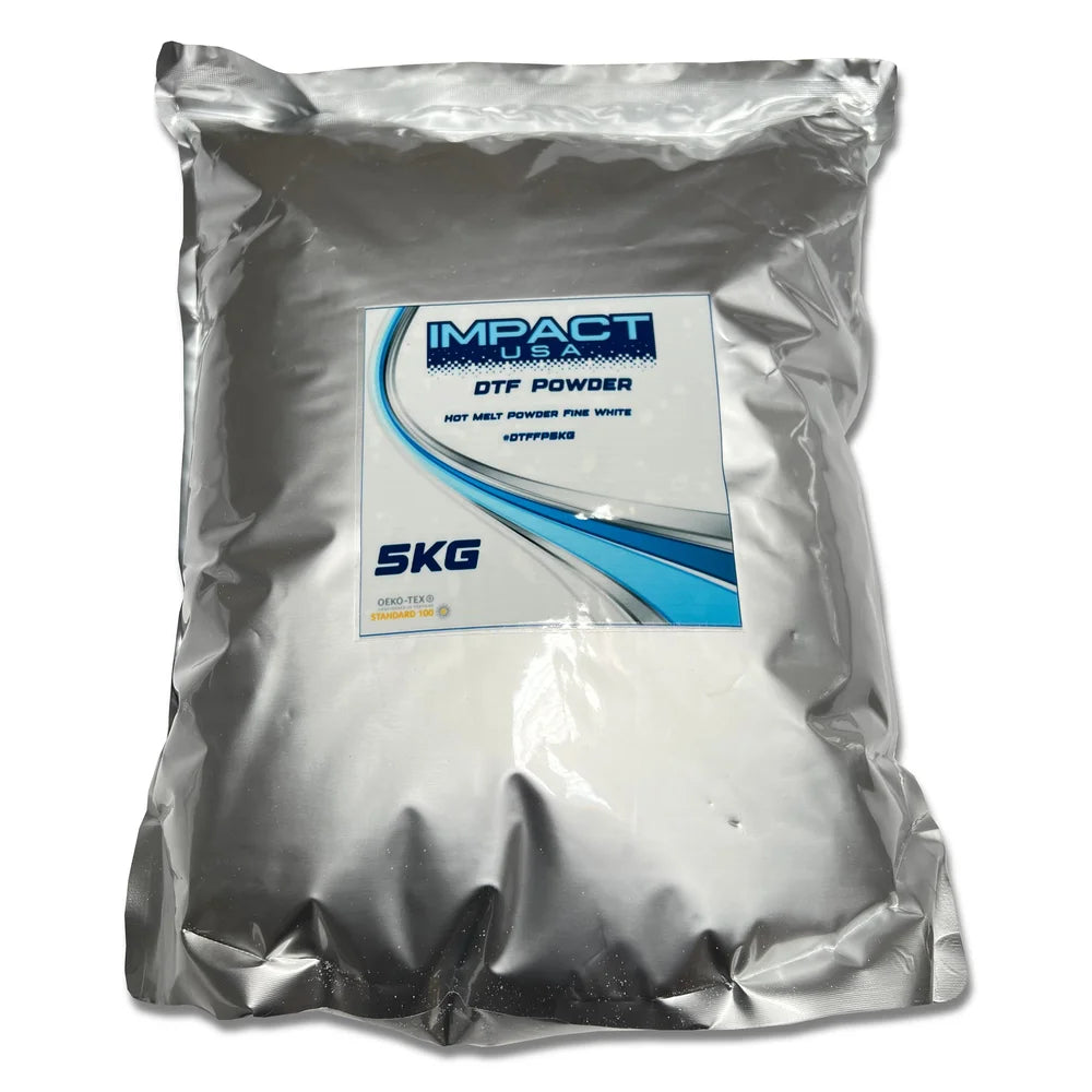 Silver 5 kg pouch related to Inkjet Parts Impact Fine TPU DTF Powder 1kg with fine white powder label