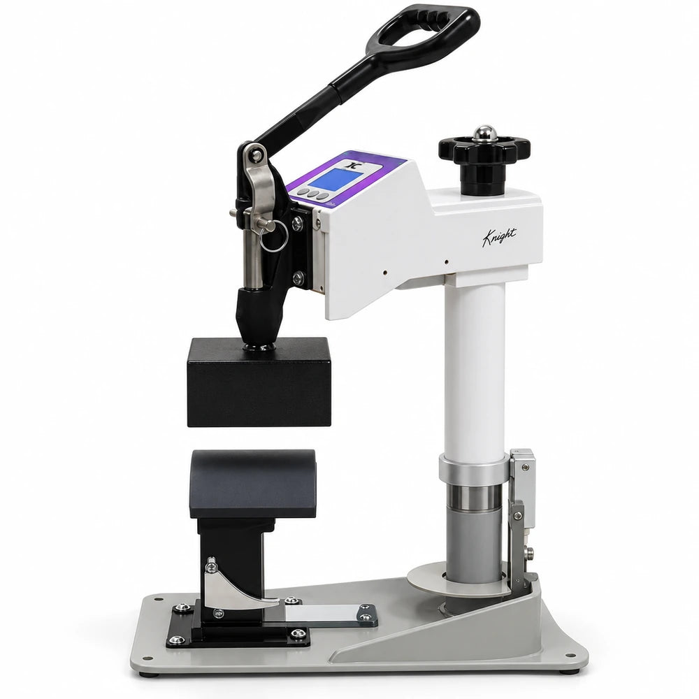 Side profile of the Geo Knight DC7 Heat Press Machine with raised platen, steel post and flat welded base plate