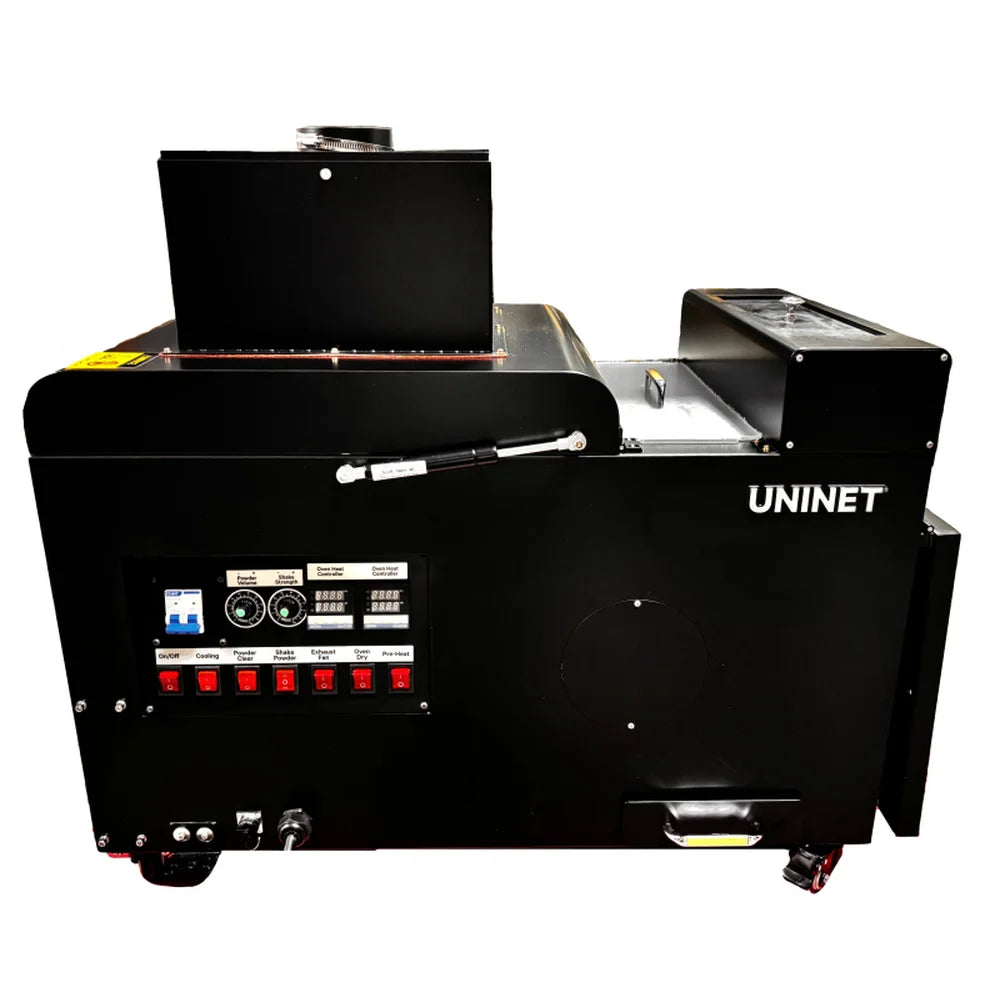 Full side profile with control panel, UNINET logo and powder drawer on the UNINET DTF Powder Applicator with caster wheels
