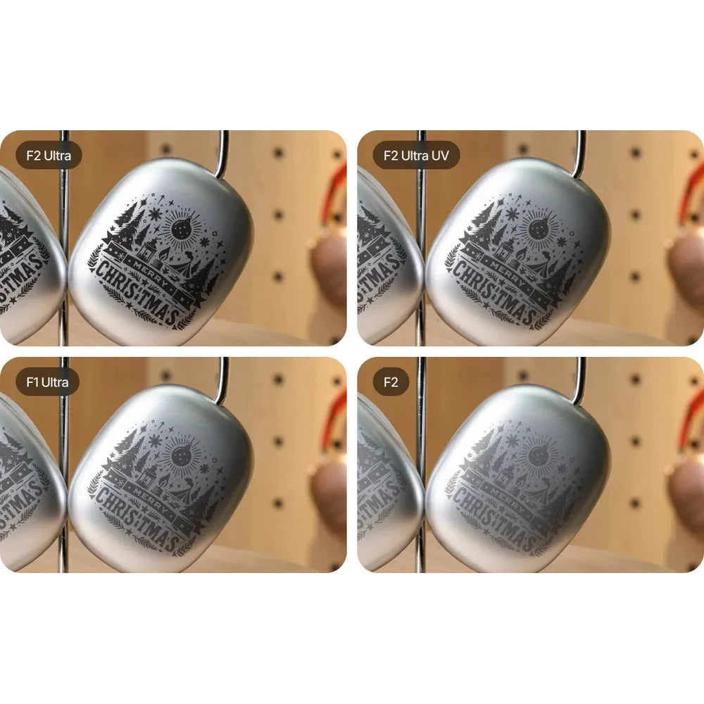Four silver ornament marking samples compared with xTool F2 Ultra UV among the tested machines