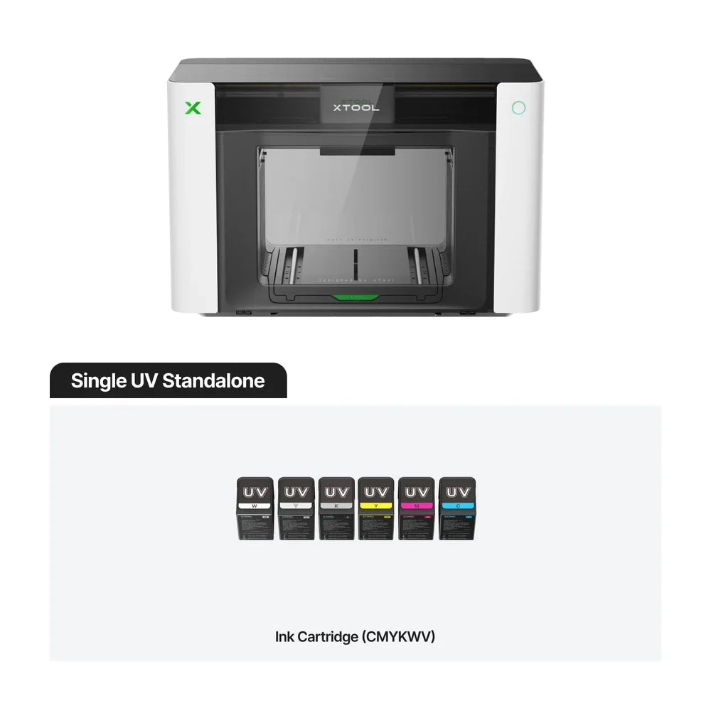 Single UV Standalone xTool O1 Omni UV DTF Printer shown with six CMYKWV ink cartridges