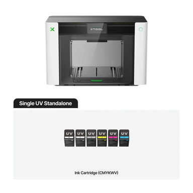 Single UV Standalone xTool O1 Omni UV DTF Printer shown with six CMYKWV ink cartridges