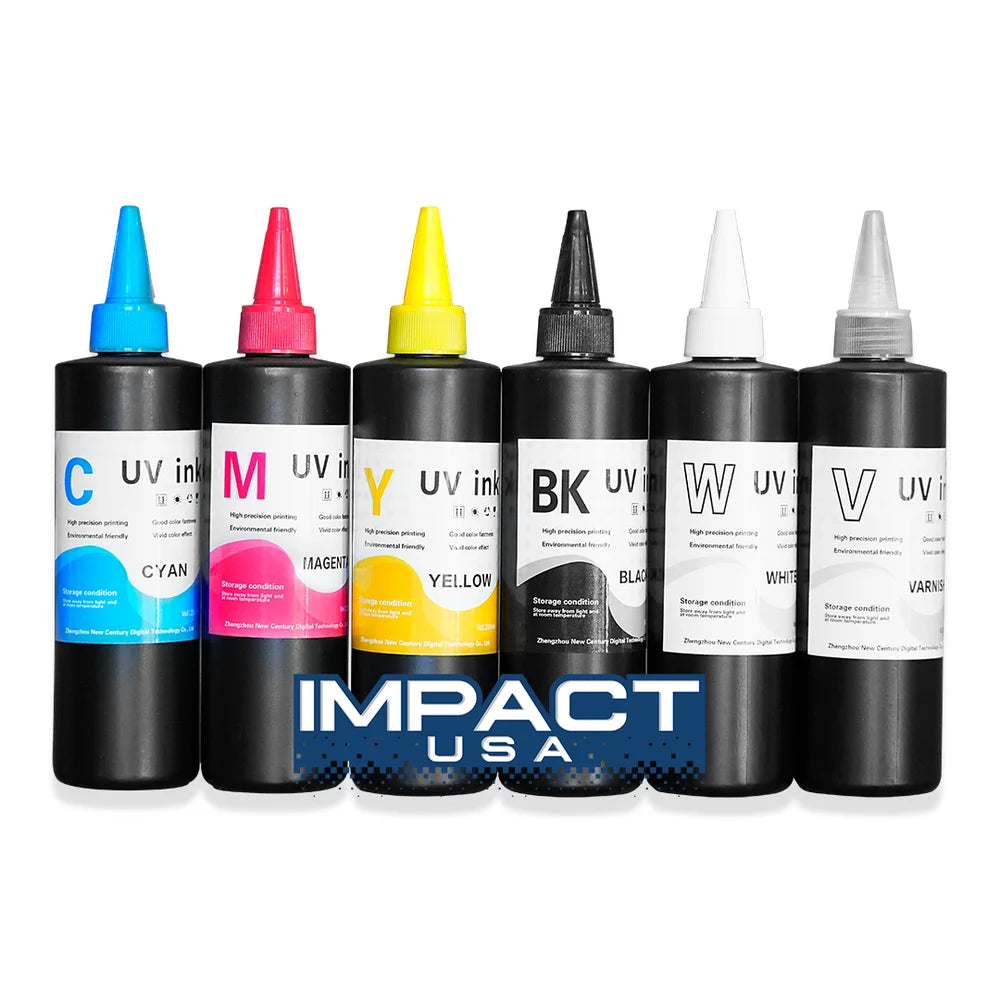 Six bottles of Impact Hard Substrate UV Ink 250ml in cyan, magenta, yellow, black, white, and varnish