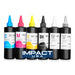 Six bottles of Impact Hard Substrate UV Ink 250ml in cyan, magenta, yellow, black, white, and varnish