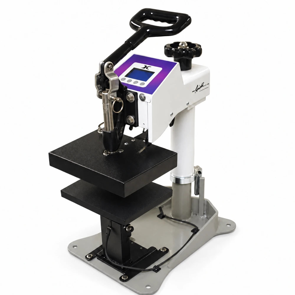 Clean three quarter view of the Geo Knight DC8 Digital Combo Heat Press Machine with steel base and controller