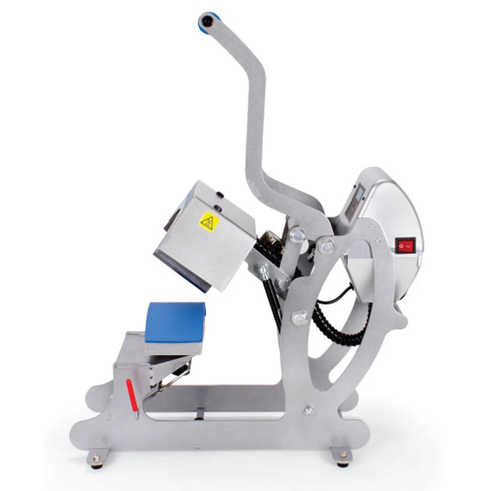 Side profile of the Hotronix Auto Cap Hat Heat Press open with upper and lower curved platens visible