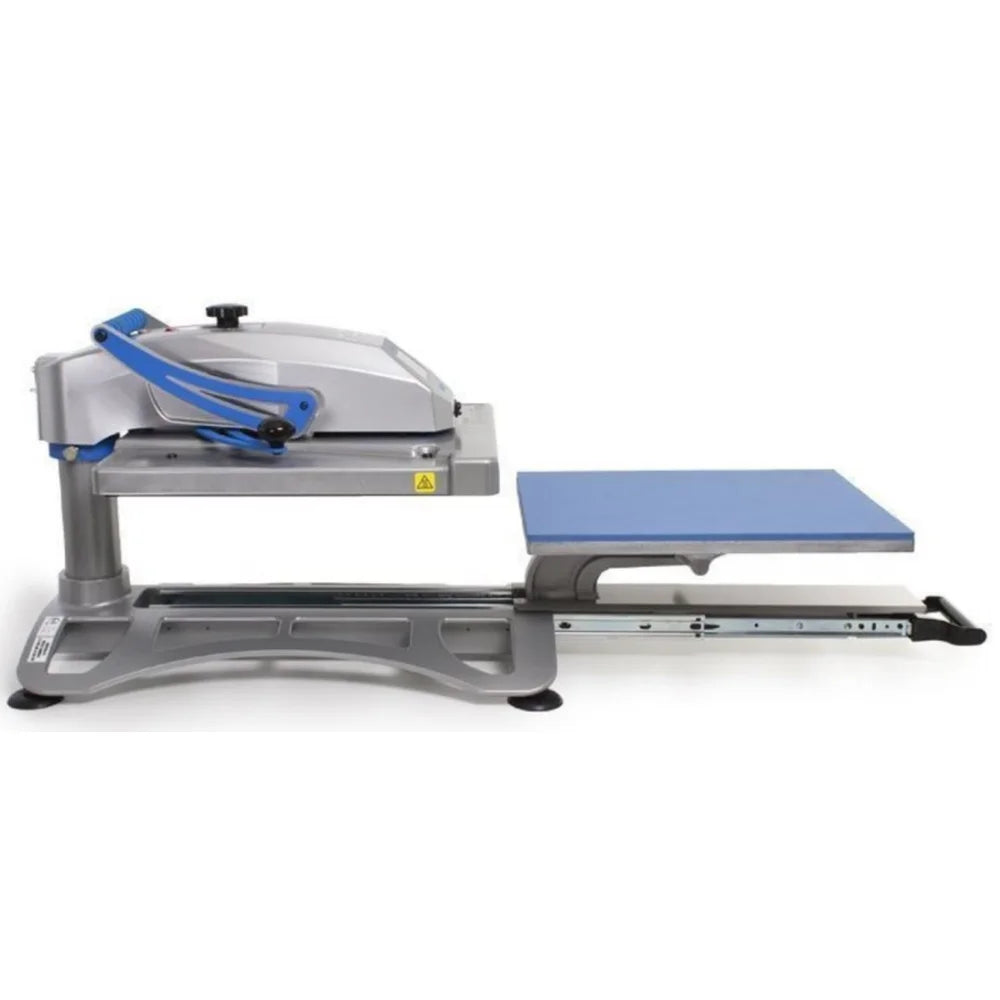Side profile of the hotronix Fusion IQ heat press with the lower platen pulled out for garment loading