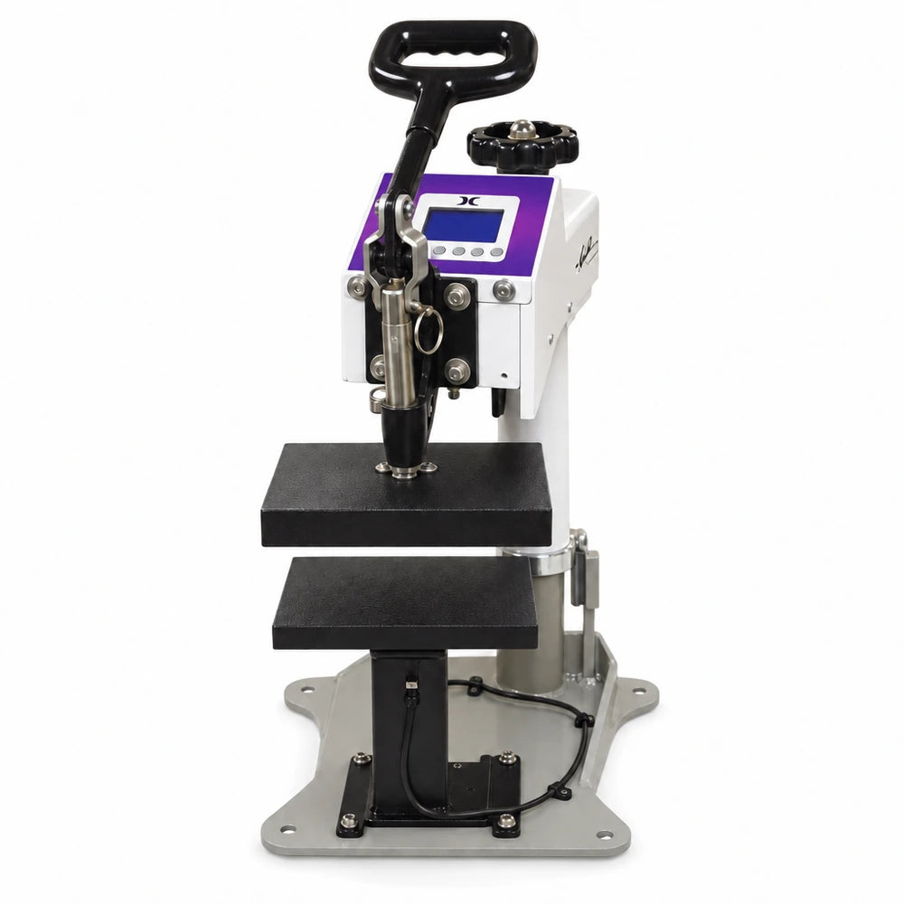 Front facing view of the Geo Knight DC8 6x8 Heat Press Machine showing raised platen over its lower table