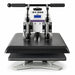 Head on view of the Geo Knight DK20S Swing Away with both lock down handles and the platen lowered on the table