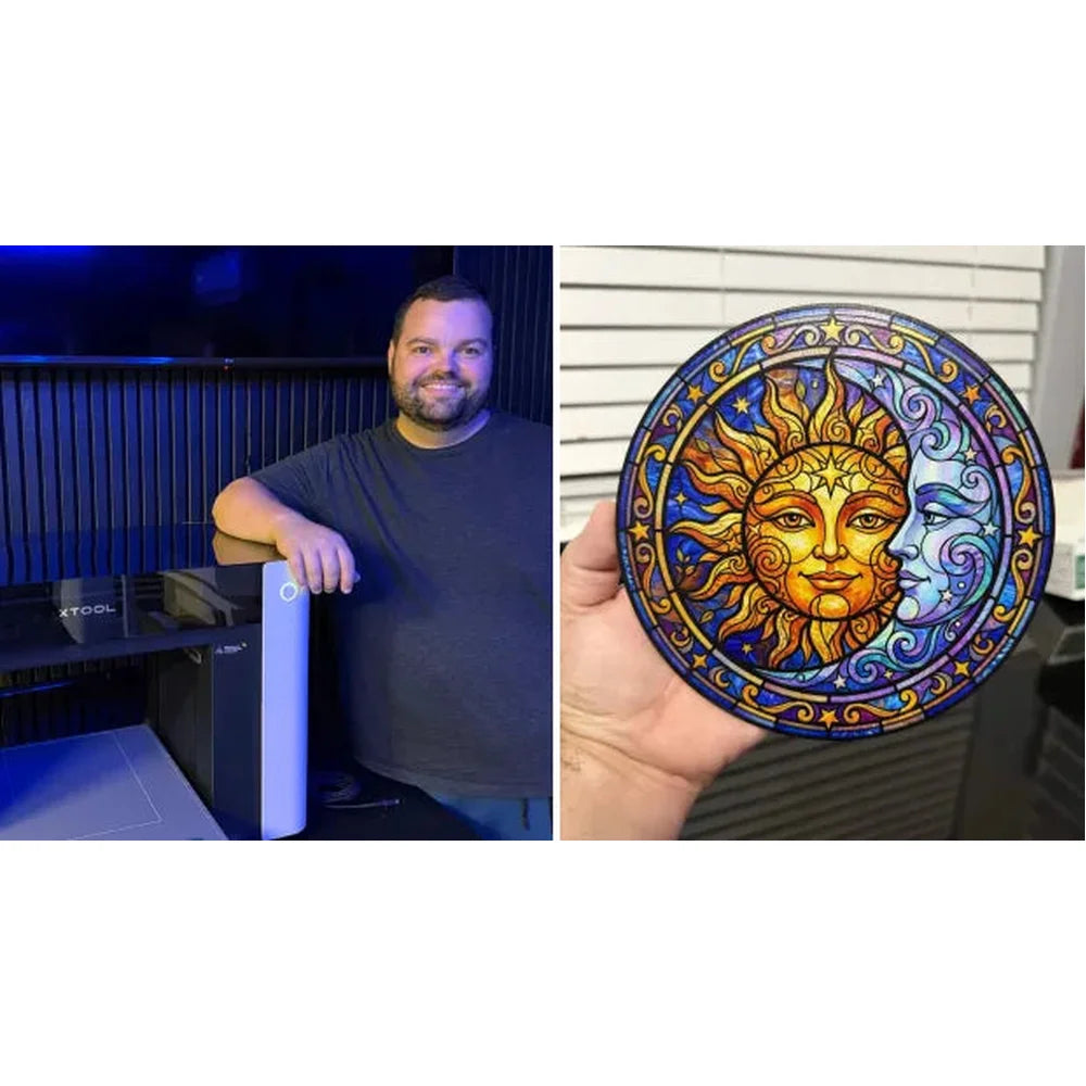 Alternate maker view with a colorful round panel printed by the xTool O1 Omni Printer 4-in-1