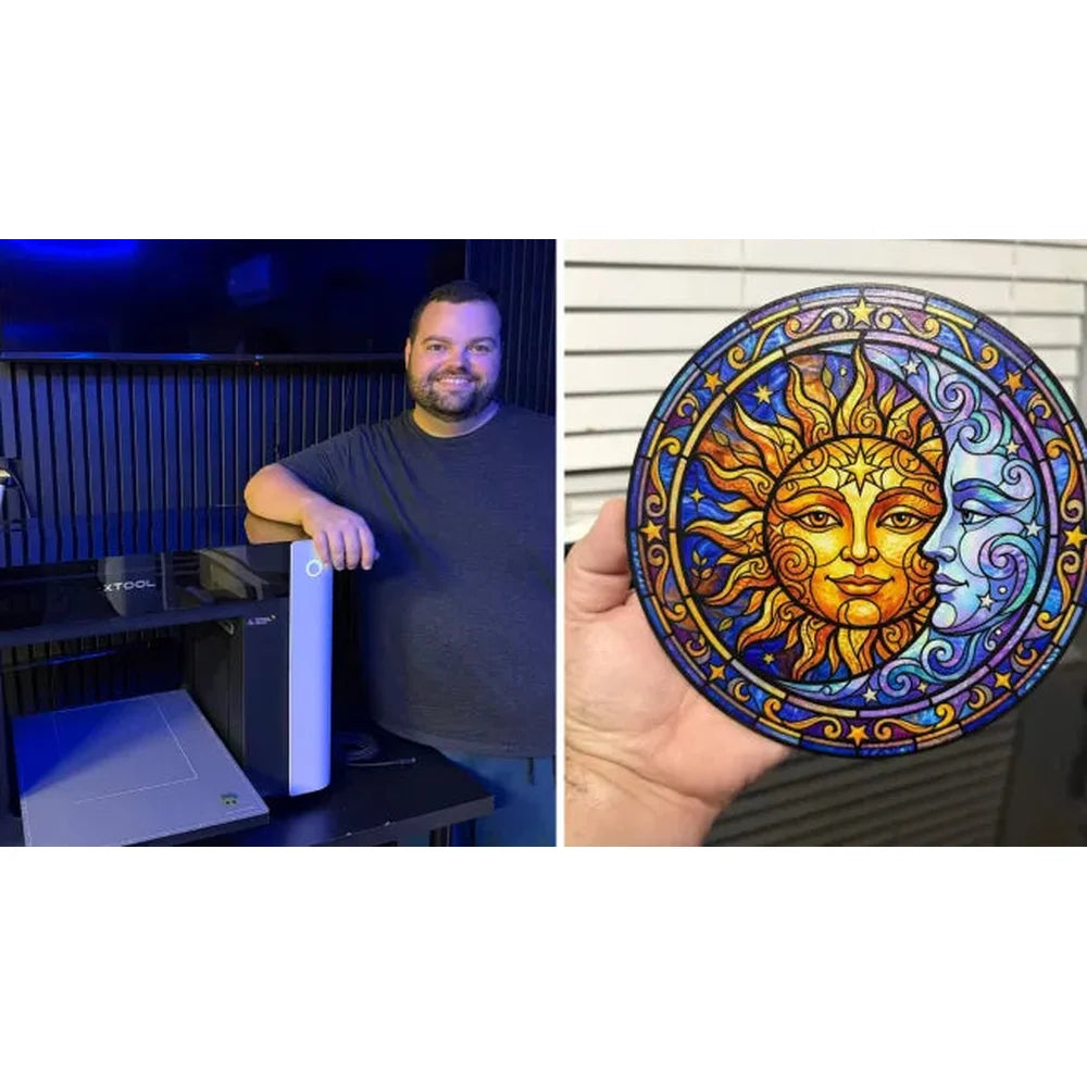 Maker beside the xTool O1 Omni Printer while a hand displays a colorful sun-and-moon panel