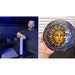 Maker beside the xTool O1 Omni Printer while a hand displays a colorful sun-and-moon panel