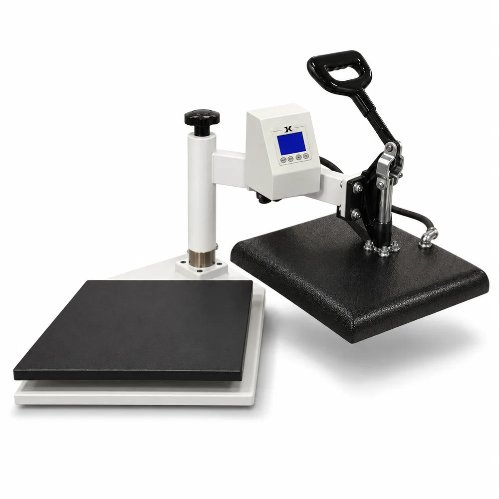 Upper heater swung to the side on the Geo Knight DK14S Digital Heat Press Machine, leaving the lower platen open