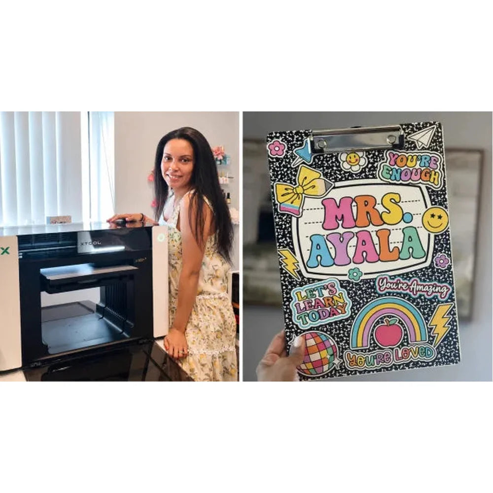 Personalized teacher clipboard shown beside the xTool O1 Omni UV Printer and its open work area