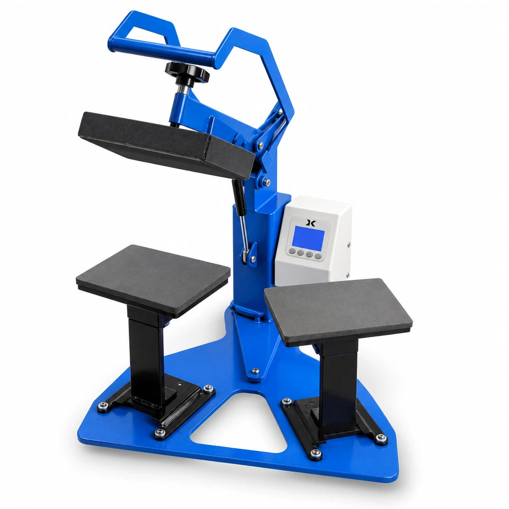 Angled right side view of the blue steel base, gas spring and raised platen on the Geo Knight DK8T