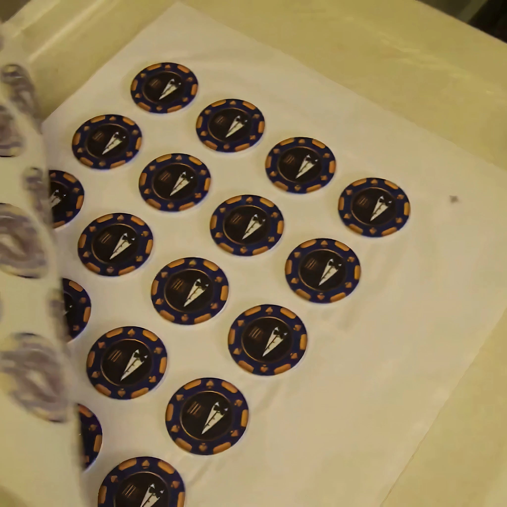 Transfer sheet peeled off a batch of printed poker chips on the Geo Knight DK20S