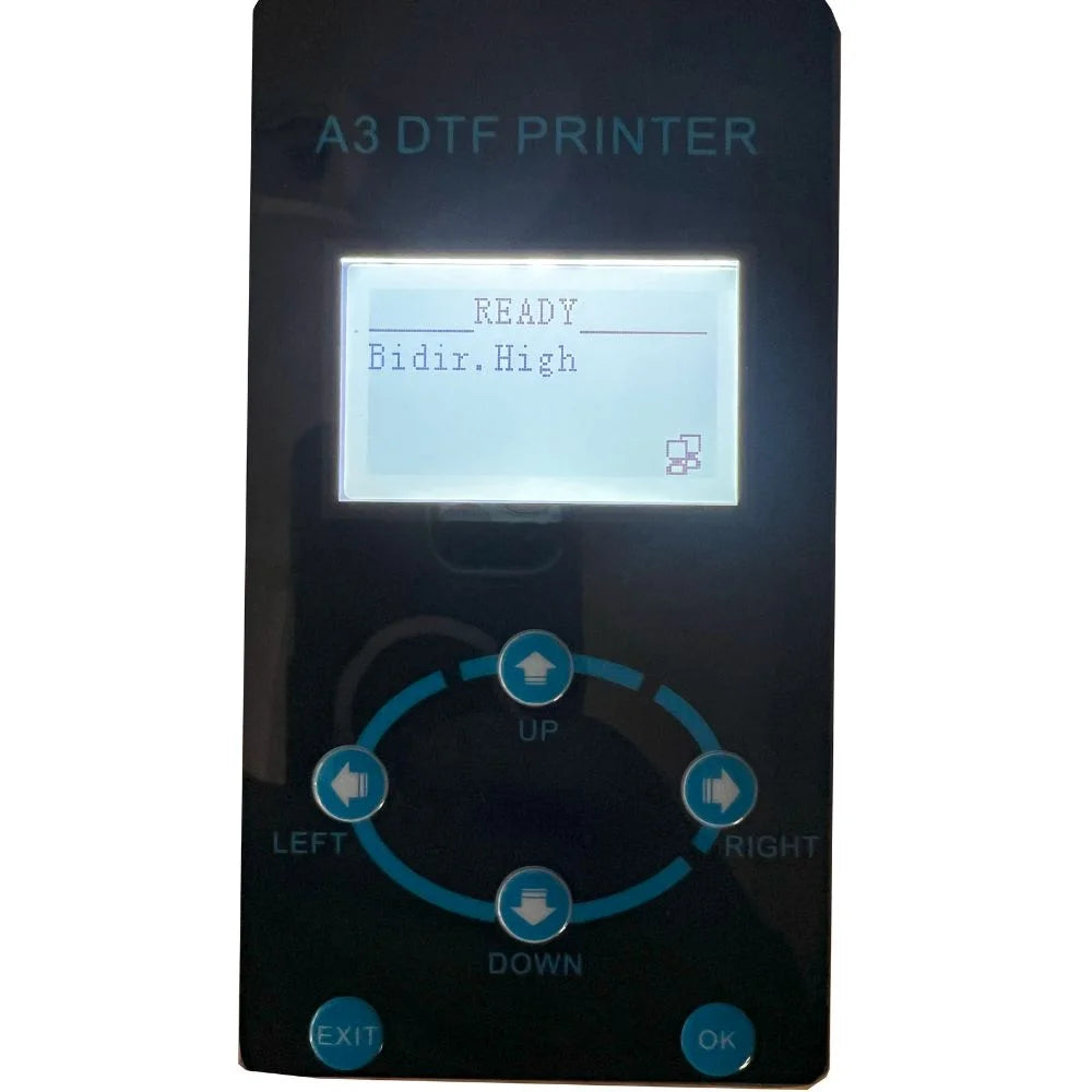 Close-up of the icolor 1200 dtf printer control panel LCD showing READY status and navigation buttons for daily operation