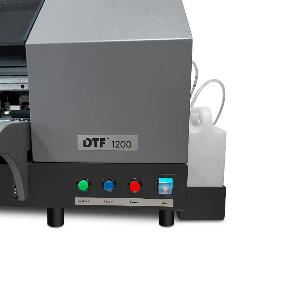 Front control buttons and model badge of the icolor 1200 dtf printer with the external waste bottle and feed and power controls