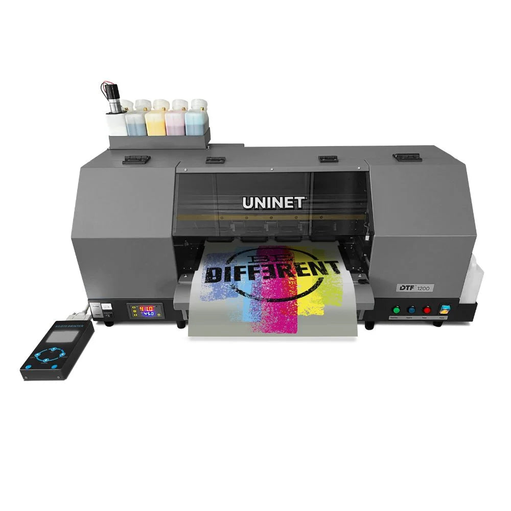 Front studio view of the uninet icolor 1200 showing dual printheads, five ink bottles and a color transfer exiting the machine