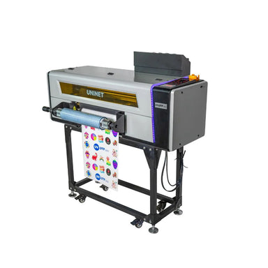 Angled front view of the uv dtf 3000 printer on a caster stand with UV accent lighting and a sticker sheet