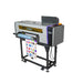 Angled front view of the uv dtf 3000 printer on a caster stand with UV accent lighting and a sticker sheet