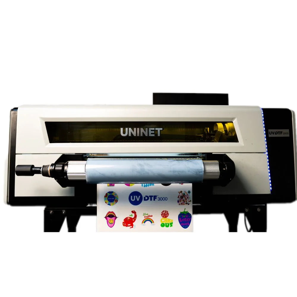 Uninet 3000 UV Direct To Film (DTF) Printer Bundle with Training - 17" print area with blue B film and UNINET logo.