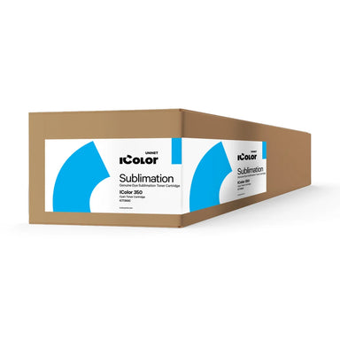 Angled view of the UNINET 350 Cyan Toner cartridge box with IColor 350 sublimation labeling