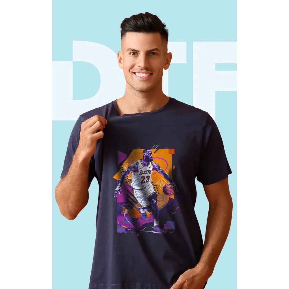 Uninet 4300 dtf printer garment sample showing a vivid basketball graphic printed on a navy t-shirt