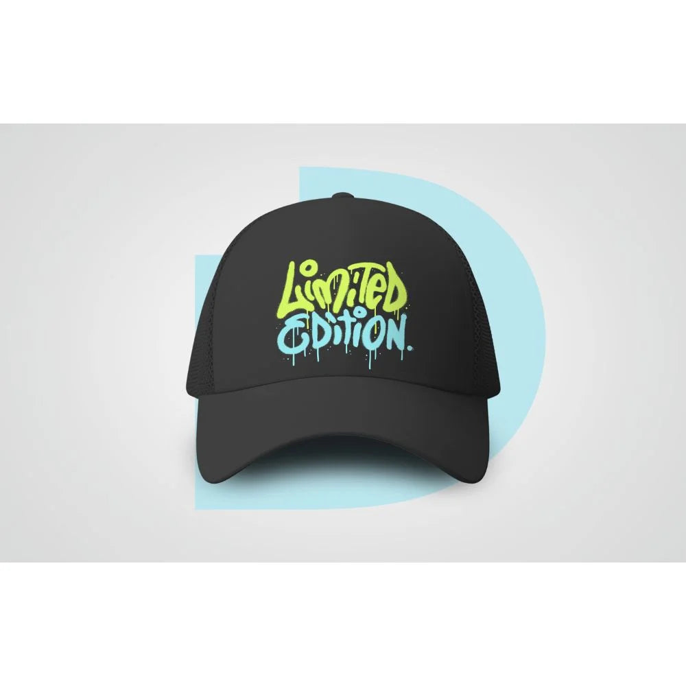 Wide DTF Roll Fed Printer sample showing a graffiti Limited Edition print on a black mesh trucker cap