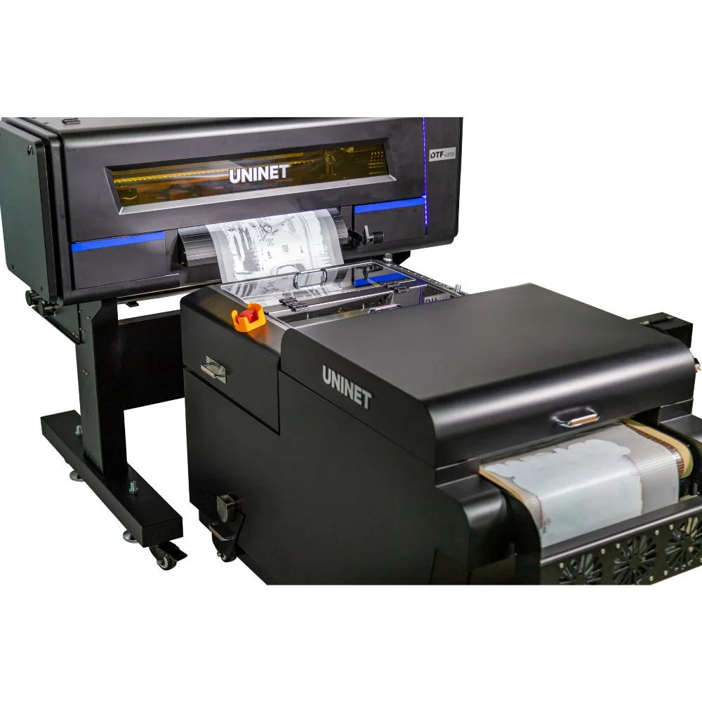 Uninet 4300 dtf printer angled view paired with horizontal shaker and curing unit for automated workflow