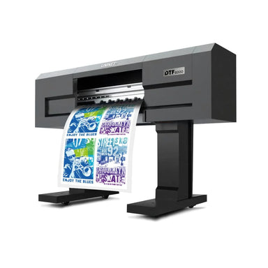 Angled front view of the uninet 6000 dtf printer with a colorful transfer film sheet curling out the front