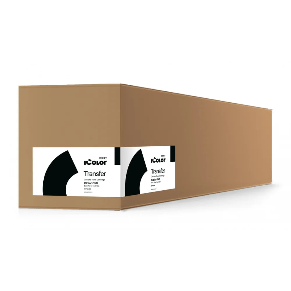 Angled brown carton for UNINET 650 Black Toner with IColor 650 labels and ICT650K part number