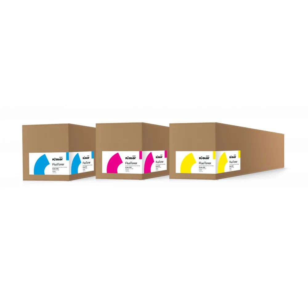 Three boxed cyan, magenta, and yellow cartridges making up the IColor 650 Fluorescent CMY Toner Kit on white