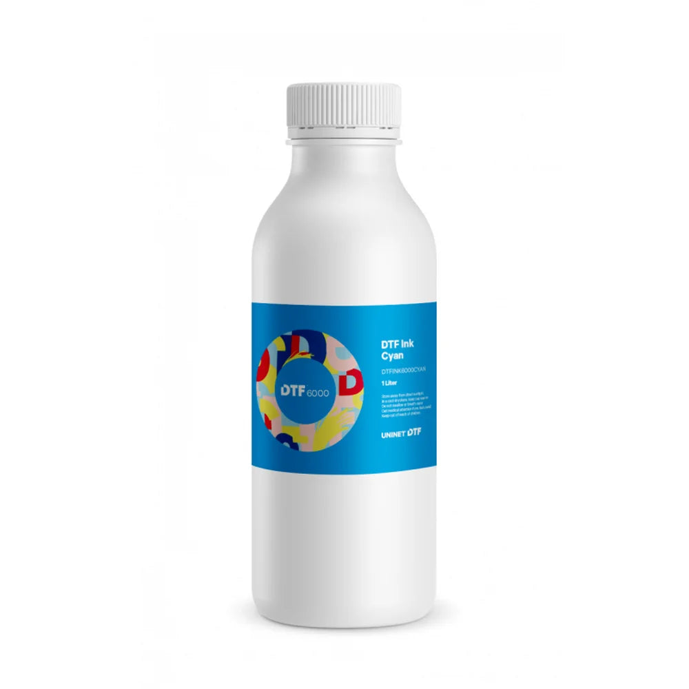 White bottle of Uninet Cyan DTF Ink For 6000 Models 1 Liter with blue label and ribbed screw cap