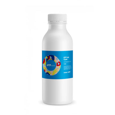 White bottle of Uninet Cyan DTF Ink For 6000 Models 1 Liter with blue label and ribbed screw cap