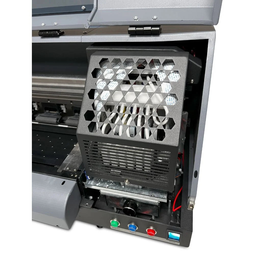 Open side panel of the icolor 1200 dtf printer showing internal capping station, tubing and maintenance hardware behind the grille