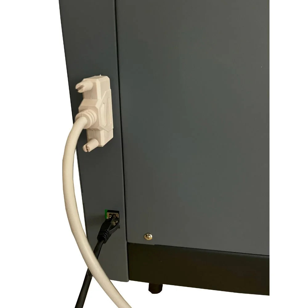 Rear connection detail of the icolor 1200 dtf printer showing the DB25 data cable and ethernet cable plugged into the housing