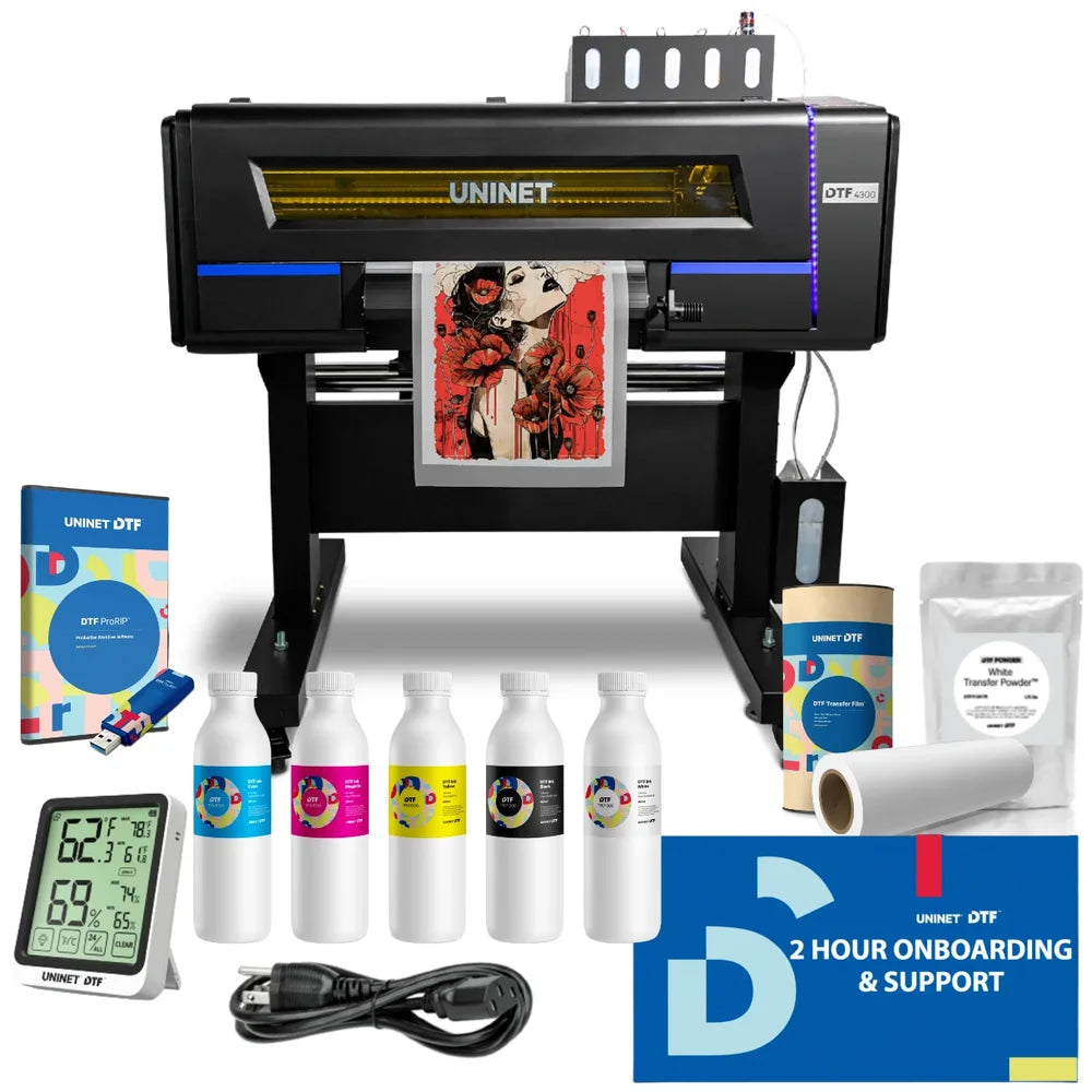 Uninet 4300 17in DTF Printer complete bundle with CMYKW inks, film roll, powder, ProRIP software and hygrometer