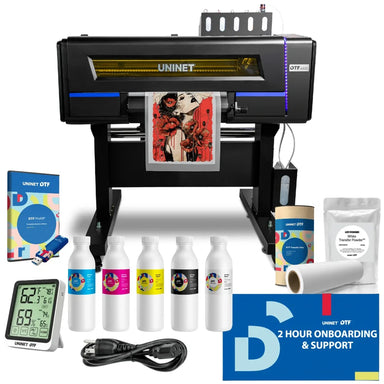 Uninet 4300 17in DTF Printer complete bundle with CMYKW inks, film roll, powder, ProRIP software and hygrometer