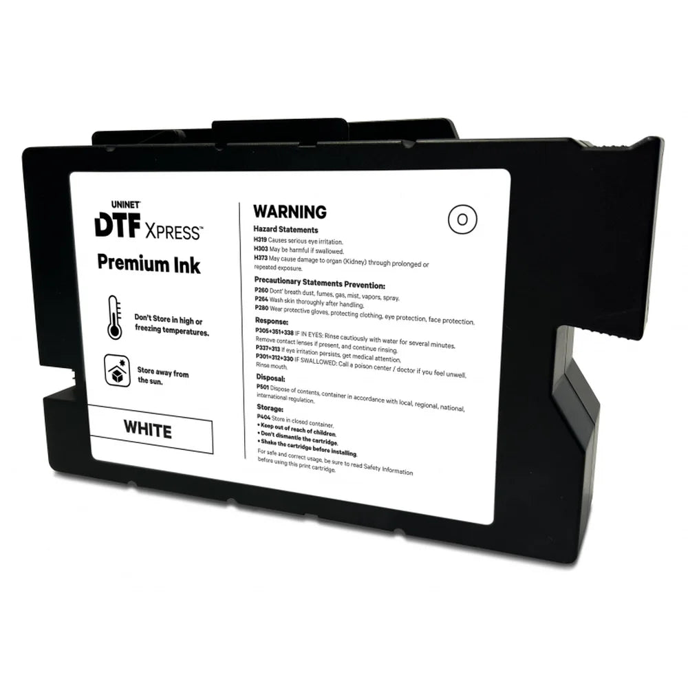 Black UNINET DTF Xpress White Ink 200ml cartridge shown at an angle with WHITE label and warning panel on white