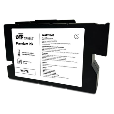 Black UNINET DTF Xpress White Ink 200ml cartridge shown at an angle with WHITE label and warning panel on white