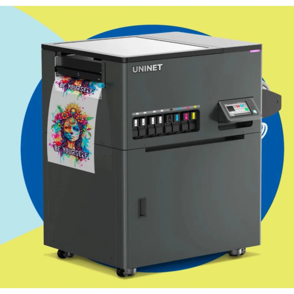 UNINET DTF Xpress printer dispensing colorful printed film with front ink cartridge row and touchscreen control